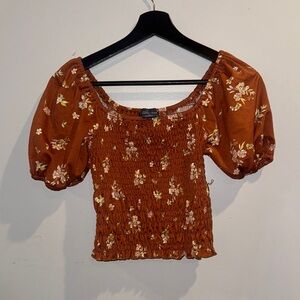 Brown Ruffled Smocked Puff Sleeve Blouse, size small (Lark + Grey)